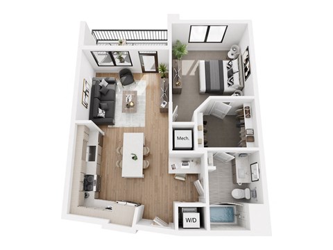 Floor plan for 1 bed, 1 bath, 764 sqft